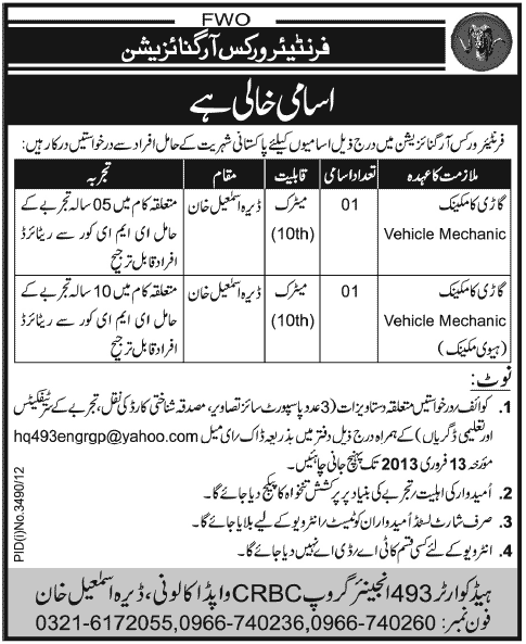 FWO Jobs for Vehicle Mechanics