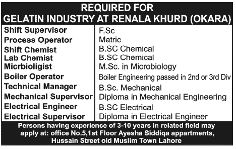 Managers, Engineers, Chemists, Supervisor & Boiler Operators Jobs in Gelatin Industry