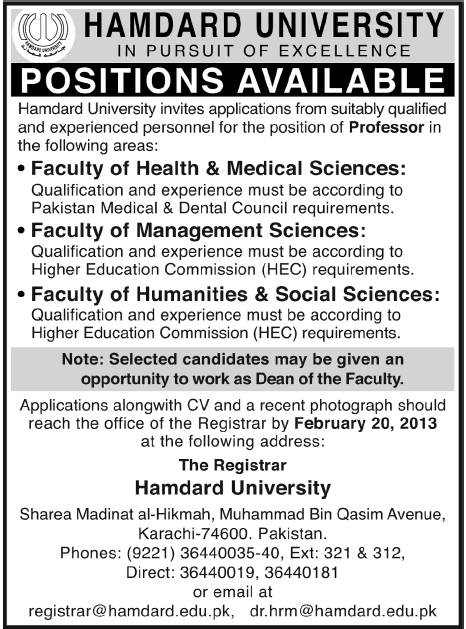 Hamdard University Jobs for Professors of Medical, Management & Social Sciences