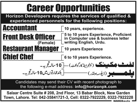 Horizon Developers Needs Accountant, FDO, Restaurant Manager, Chief Chef & Staff