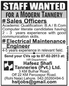 Sales Officers & Electrical Maintenance Engineer Jobs at Hafeez Shafi Tanneries (Pvt.) Ltd.