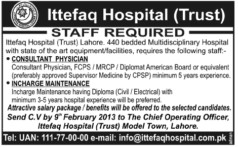 Consultant Physician & Incharge Maintenance Jobs at Ittefaq Hospital (Trust)