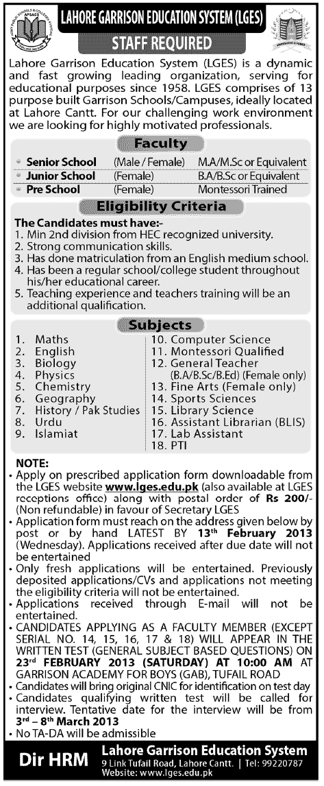 Lahore Garrison Education System (LGES) Needs Faculty & Staff