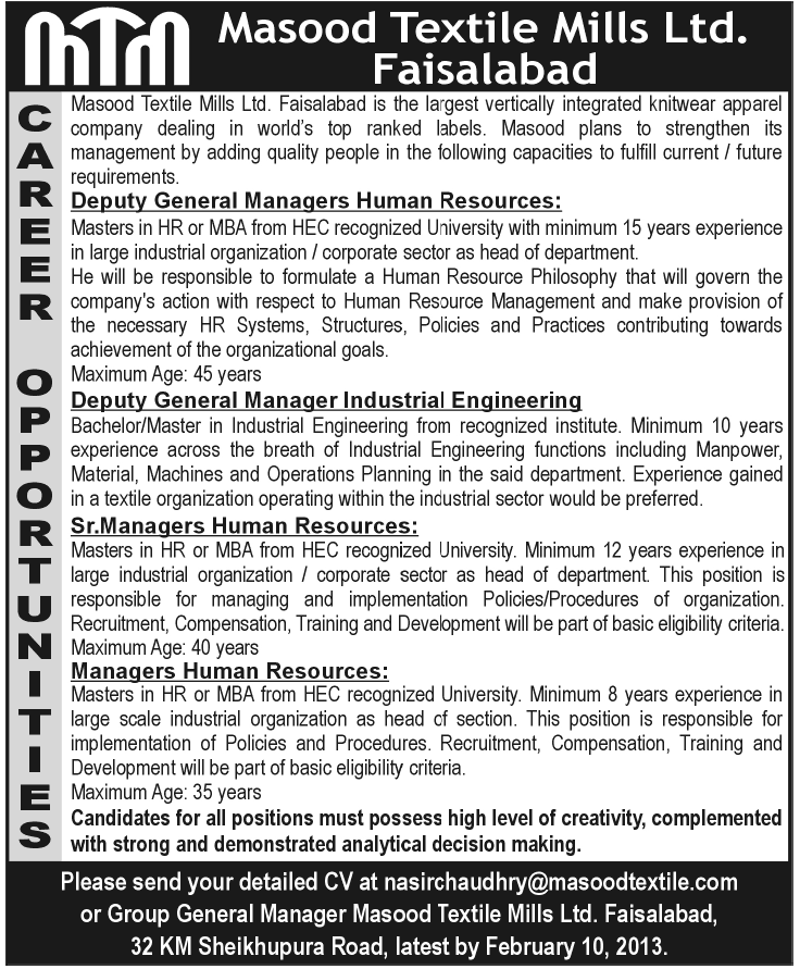 Masood Textile Mills Ltd. Needs Managers