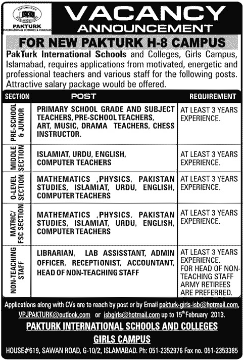 PAKTURK International Schools & Colleges Jobs for Teaching & Non-Teaching Staff