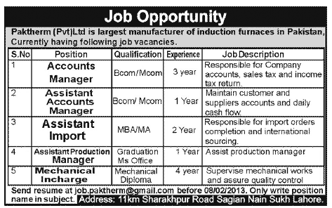 Paktherm (Pvt.) Ltd. Jobs 2013