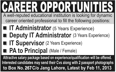 IT Admins, IT Supervisor & PA Jobs in an Educational Institution