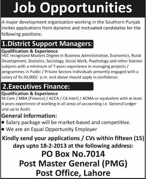 District Support Managers & Executive Finance Jobs in a Development Organization