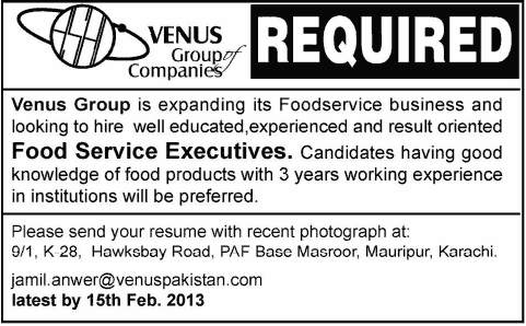 Venus Group of Companies Needs Food Service Executives