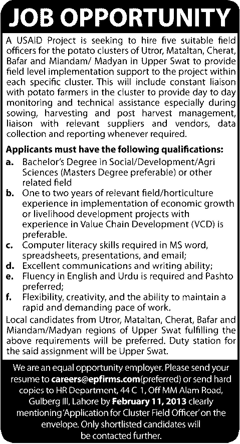 USAID Project Needs Field Officers in Upper Swat