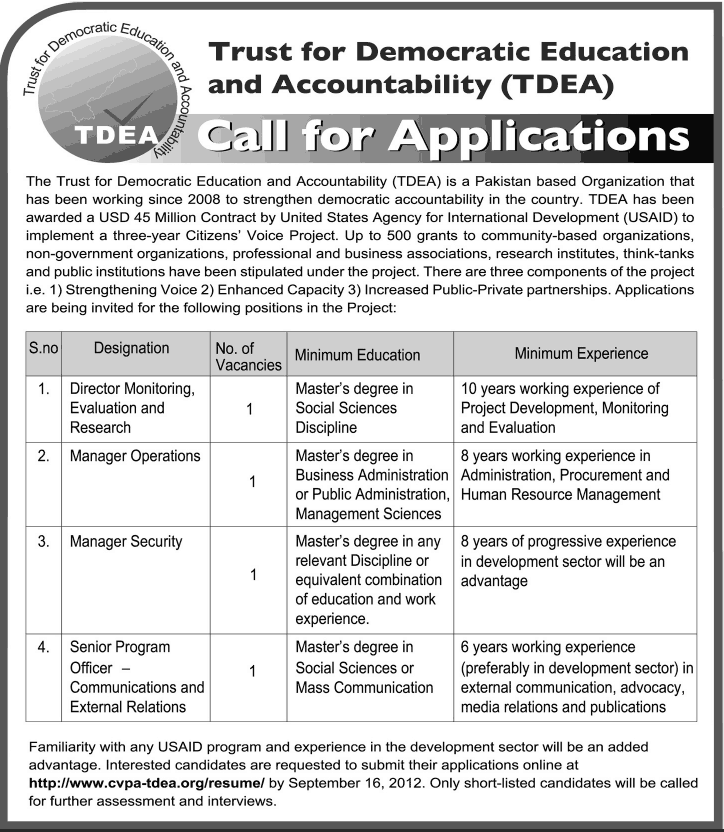 Trust for Democratic Education & Accountability Project (TDEA) USAID Jobs 2013