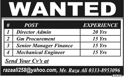 Director Admin, GM Procurement, Finance Manager & Mechanical Engineer Jobs