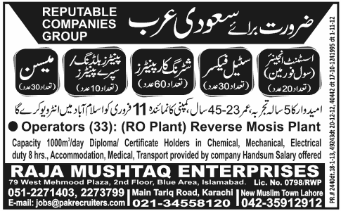 Raja Mushtaq Enterprises Needs Personnel for Saudi Arabia