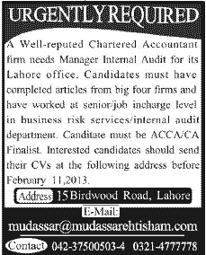 Manager Internal Audit Job in a Chartered Accountant Firm