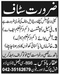 Receptionist, Office Boy & Khansama Jobs in Lahore