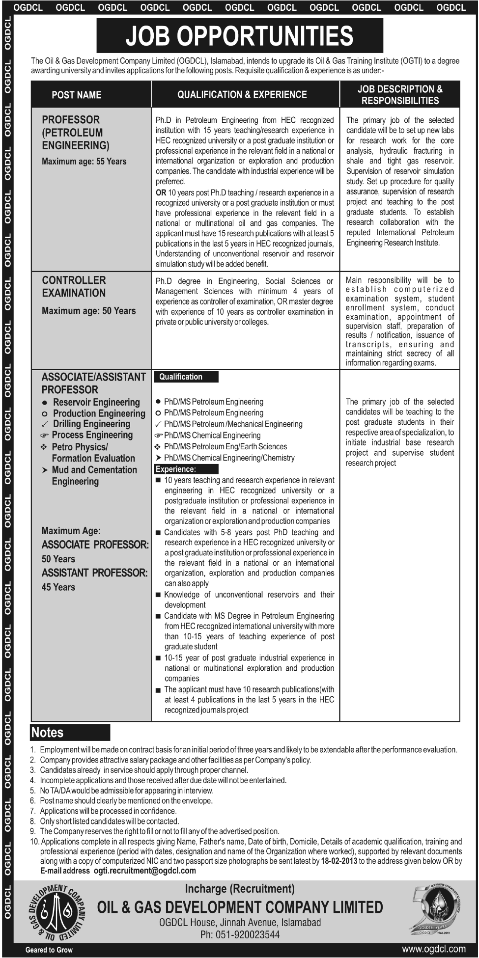 Latest Jobs in OGDCL Islamabad Pakistan 2013 at Oil & Gas Training Institute (OGTI)