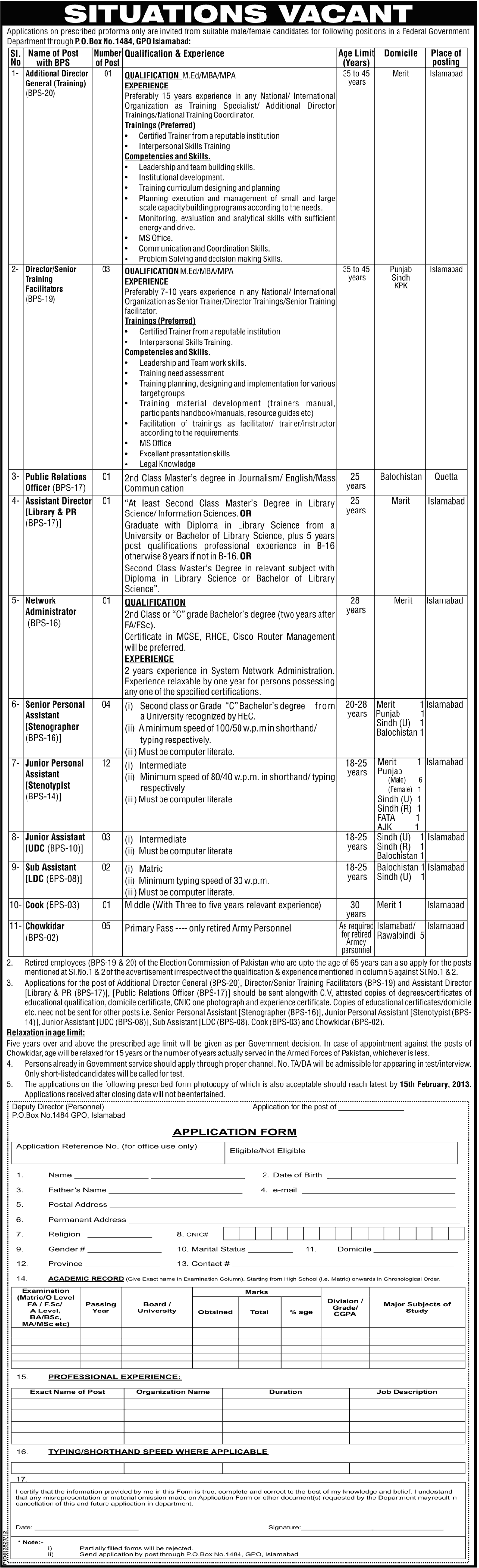 PO Box 1484 Islamabad Jobs 2013 in a Federal Government Department