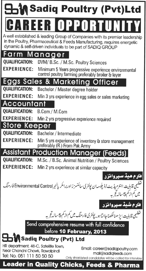 Sadiq Poultry Rawalpindi Jobs 2013