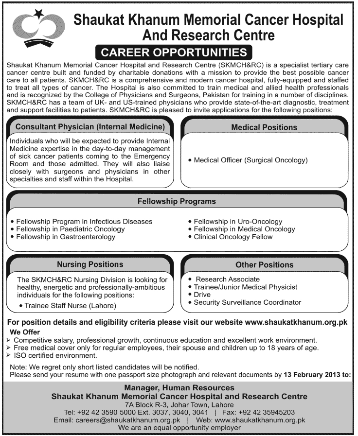 Shaukat Khanum Hospital Jobs 2013 Lahore Latest Advertisement