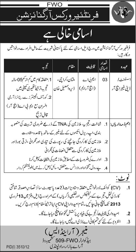 Frontier Works Organization Job 2013 for Assistant / Deputy Manager HR