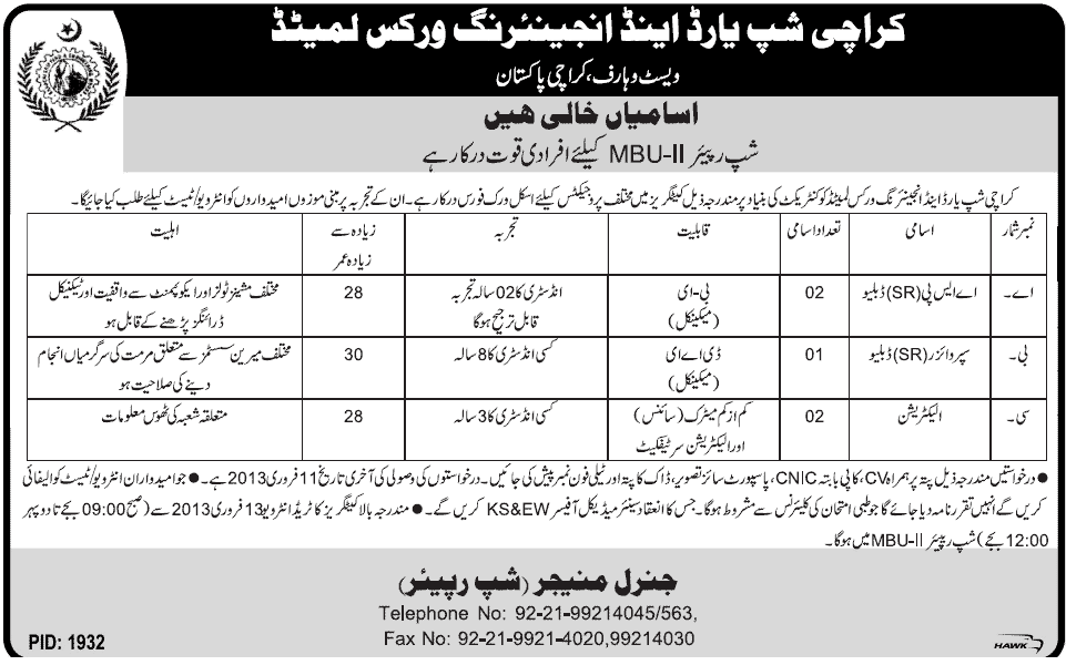 Mechanical Engineers & Electricians Vacancies at KSEW 2013