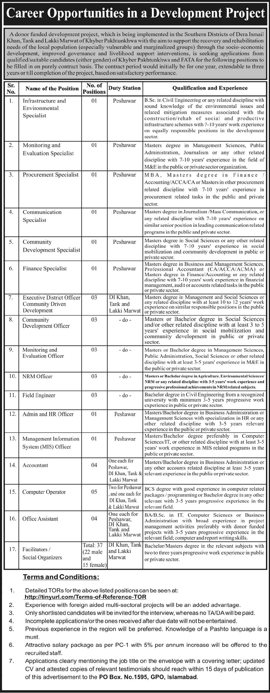 PO Box 1595 GPO Islamabad Jobs 2013