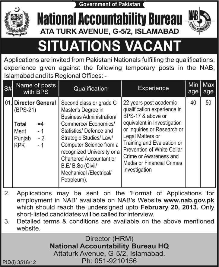 Latest NAB Vacancies for Director Generals 2013