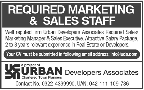 Marketing / Sales Manager & Executives Jobs at Urban Developers Associates Lahore