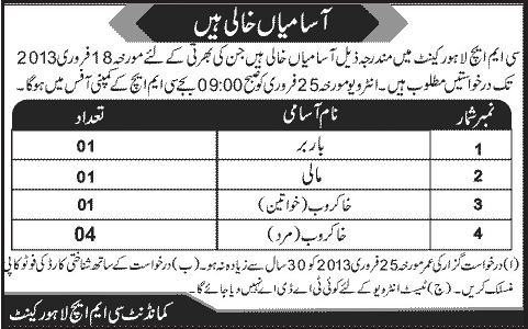 CMH Lahore Cantt Jobs for Barber, Mali & Khakroob