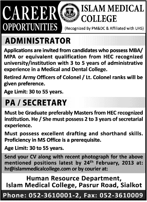 Islam Medical College Sialkot Jobs for Administrator & PA / Secretary