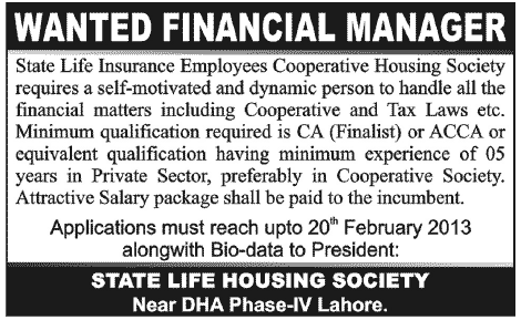 Financial Manager Job at State Life Insurance Employees Cooperative Housing Society Lahore