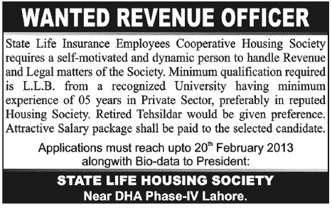 Revenue Officer Job at State Life Insurance Employees Cooperative Housing Society Lahore