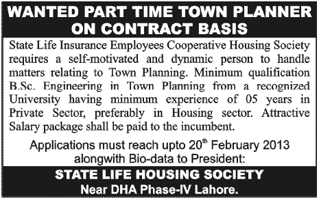 State Life Housing Society Lahore Job for Part Time Town Planner