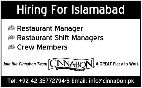 Cinnabon Jobs in Islamabad for Restaurant Manager, Shift Managers & Crew Members