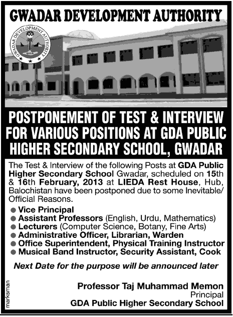 Addendum: GDA Public Higher Secondary School Gwadar Jobs - Postponement of Test & Interview