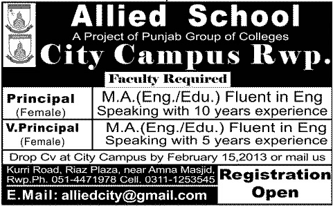 Allied School City Campus Rawalpindi Jobs for Principal & Vice Principal