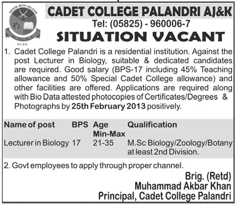 Cadet College Palandri AJK Job 2013 for Lecturer in Biology