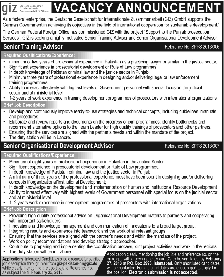 GIZ Pakistan Jobs 2013 for Training & Organizational Development Advisors