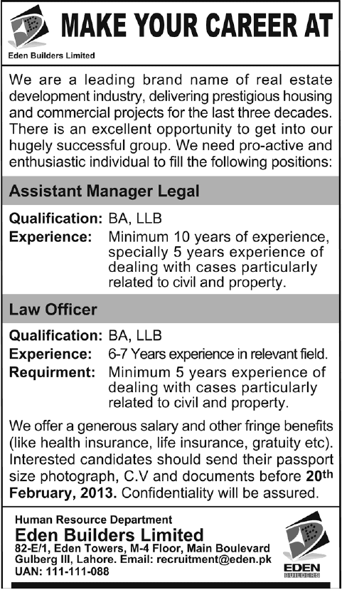 Law Officer & Assistant Manager Legal Vacancies at Eden Builders Limited