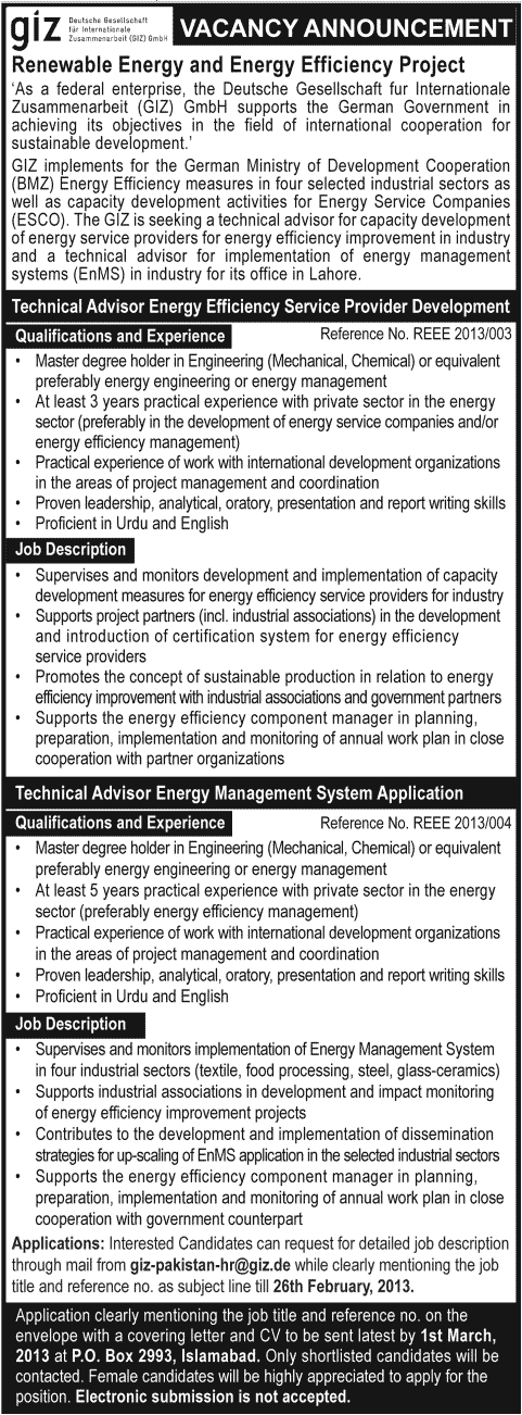 GIZ Pakistan Jobs 2013 for Renewable Energy & Energy Efficiency Project