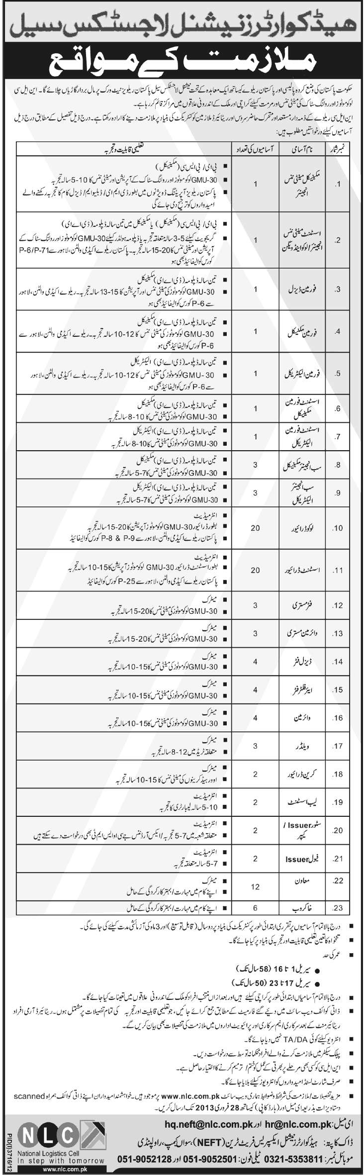 National Logistics Cell Jobs 2013 Pakistan Railway Employees (Retired / In Service)