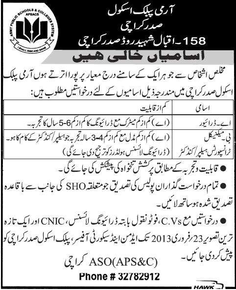 Army Public School Saddar Karachi Jobs 2013 for Driver & Conductor