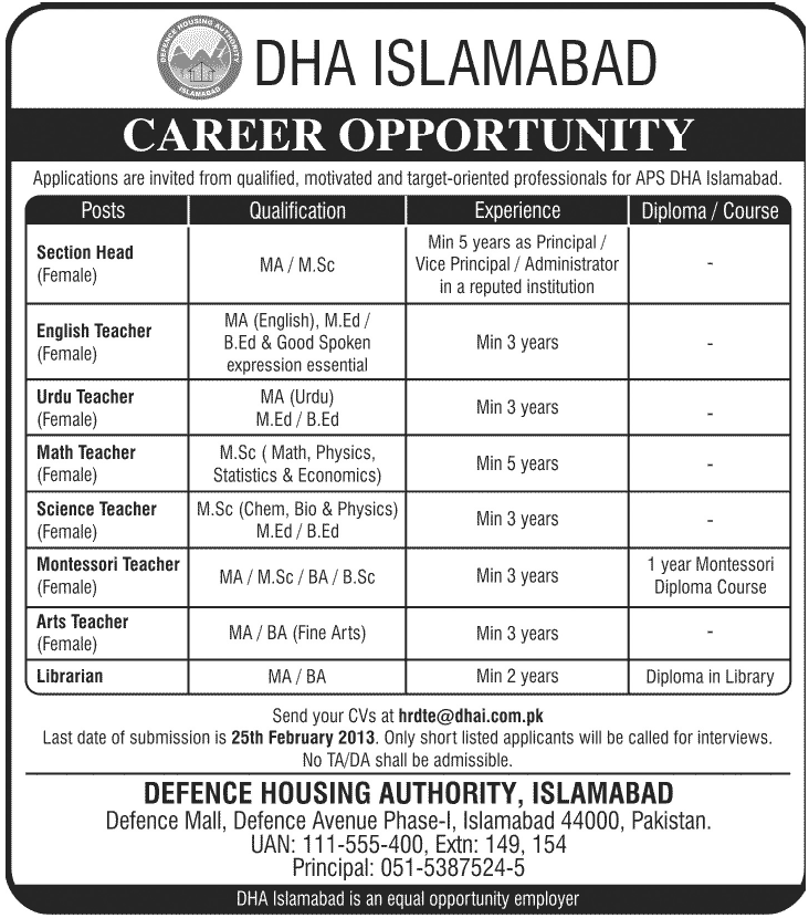 Army Public School DHA Islamabad Jobs 2013 for Female Teachers, Section Head & Librarian