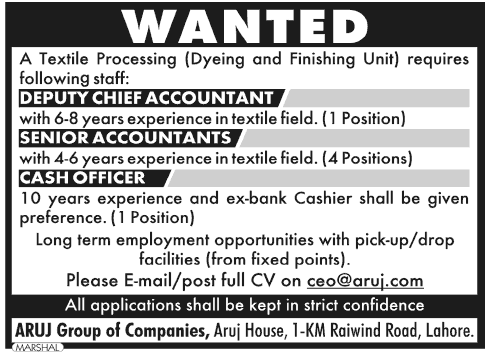 Accountants & Cash Officer Jobs in Lahore 2013 at Aruj Group of Companies