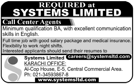 Systems Limited Karachi Jobs 2013 for Call Center Agents