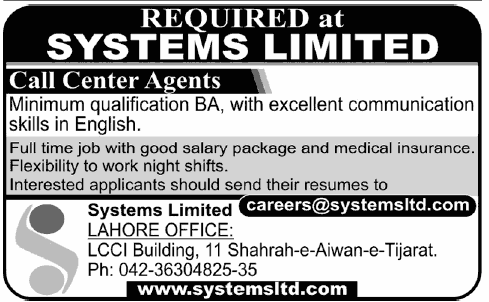 Systems Limited Lahore Jobs 2013 for Call Center Agents