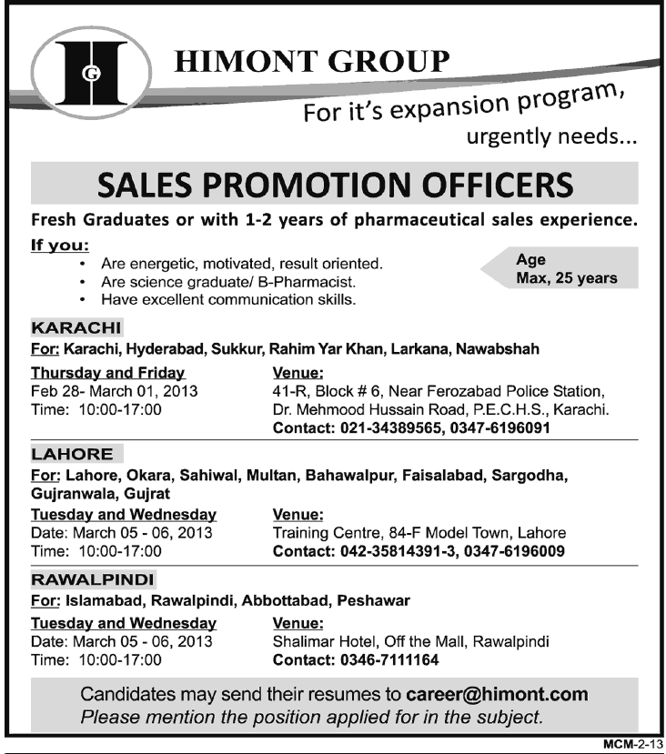 Himont Pharmaceuticals Jobs 2013 Fresh Graduates as Sales Promotion Officers in Lahore / Karachi / Islamabad