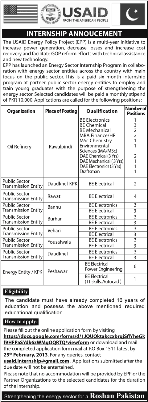 USAID Pakistan Internship 2013 Application Form for EPP Energy Sector Internship Program