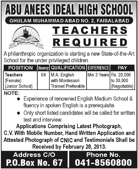 Abu Anees Ideal High School Faisalabad Jobs for Female Junior School Teachers 2013