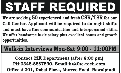 The Ore Technologies Call Center Jobs in Rawalpindi 2013 for TSR / CSR